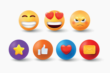 3d emoticon, emoji for social media. Nice faces, like and love reactions, bad and angry expressions, glossy cute yellow people with emotions. Heart and star in circle. Vector design logo