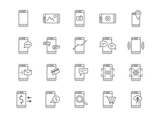 Cellphone icons. Mobile shopping. Digital data search. Payment app upload. Transfer editing. Phone messenger. QR scanning. Banking app. Vector smartphone application line pictograms set