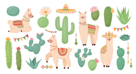 Llamas and cactus, cute Peru party decorative cartoon isolated elements set. America nature cacti, exotic sleeping animals, scrapbook ornaments. Funny mammals vector isolated collection © SpicyTruffel