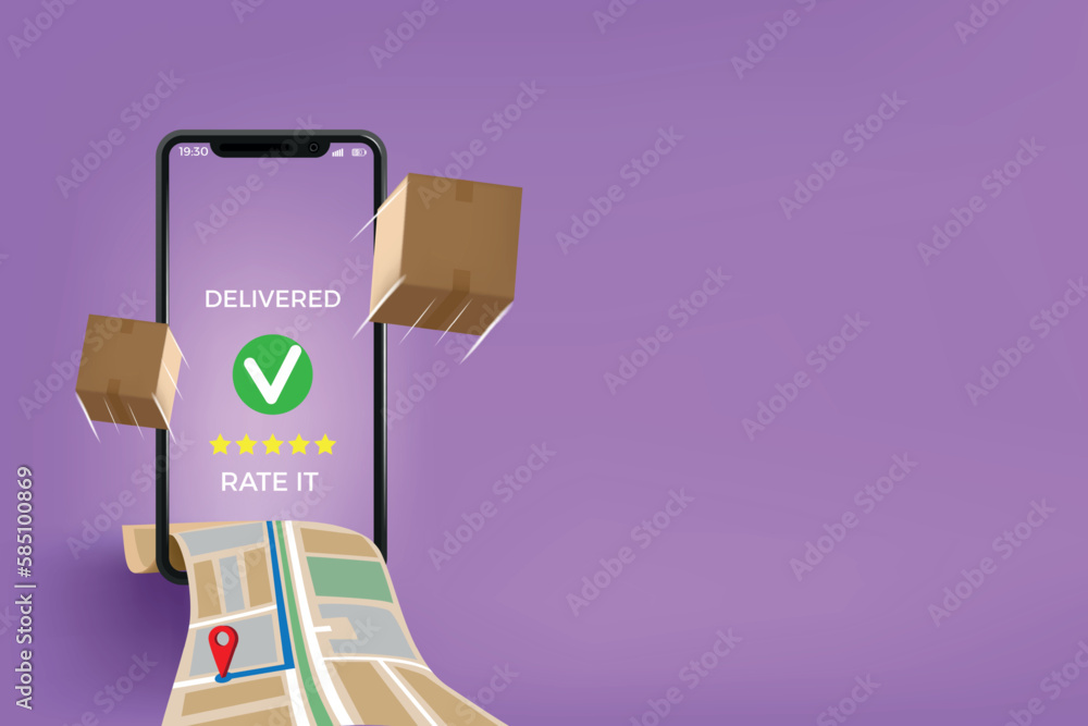 Poster online shop. smartphone application. order delivery. 3d package box. fast free service in phone. dig