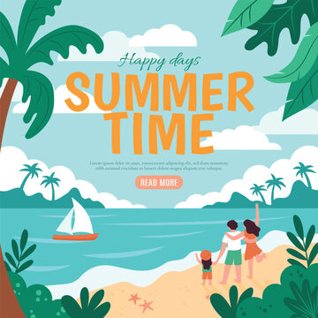 Summer beach, blue ocean water, family event. Sunny palms and vacation shopping, palm trees, sea travel, man and woman on seashore, tropical island resort. Vector illustration banner template