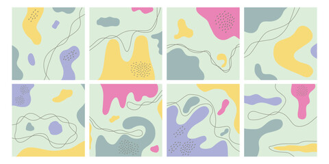 Abstract trendy shapes, pastel posters. Decorative colorful geometry, modern scribble doodles. Social media posts template, web square banners backdrop. Vector illustration background