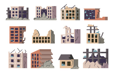 Ruined building. Cartoon collapsed houses. Broken or abandoned constructions. Destroyed residential property. Damage of war or earthquake. Town destruction. Vector landscape elements set