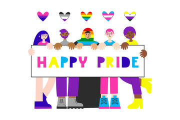 LGBT people of different ethnicity demonstrate happy pride poster. Minorities awareness and visibility. Queer men and women with flag hearts.