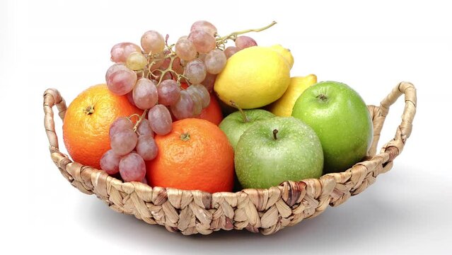 Appetizing organic fruits mix in straw basket dietary healthy food snack fructose rotation isolated