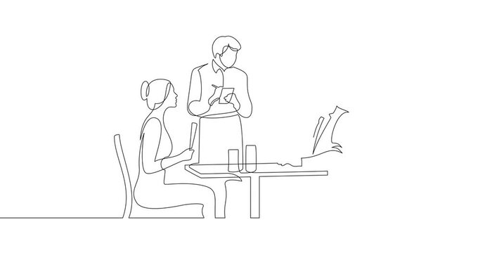 Animation of an image drawn with a continuous line. Man and woman at a table in a restaurant. The waiter accepts the order. Lunch or dinner scene.
