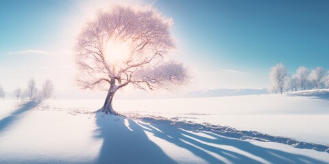 Snow covered tree standing alone in beautiful sunny winter season landscape scenery. 3D rendering illustration.