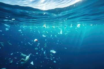 Fototapeta na wymiar Plastic waste underwater in the ocean - Generative AI