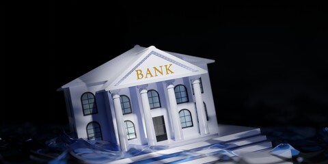 Bank drowning under water. Conseptual banking crisis 3D rendering illustration.