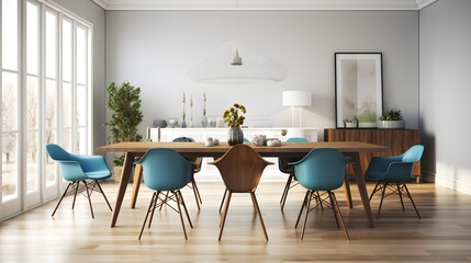 Dining room Mid Century modern interior design with blue chairs wooden table and hard wood floors, MCM, retro, vintage, home decor