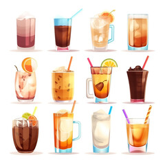 A collection of different drinks including iced coffee, iced coffee, and iced coffee.