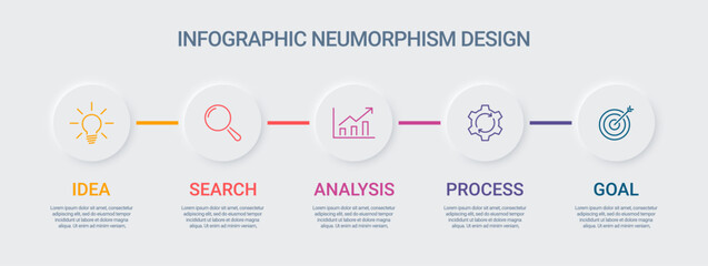 Infographic design with 5 steps: idea, search, analysis, process, goal. Neumorphism style. Vector EPS 10