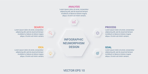 Infographic design with 5 steps: idea, search, analysis, process, goal. Neumorphism style. Vector EPS 10