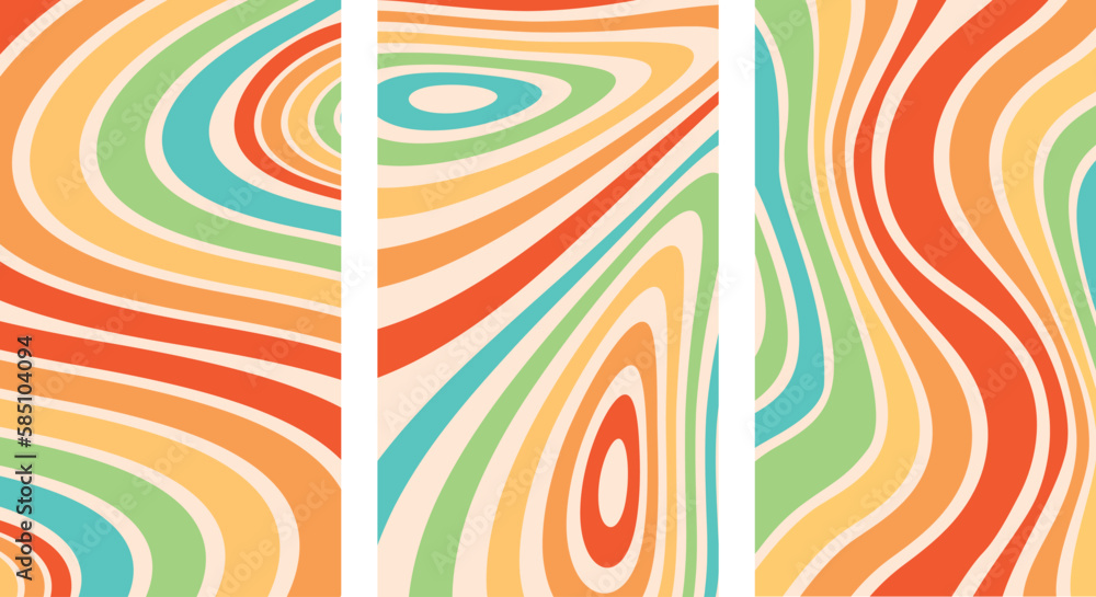 Wall mural groovy 70s backgrounds. set of three vector waves pattern in retro psychedelic style.