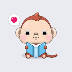 Cute cartoon monkey reading book. Adorable animal back to school concept. Vector illustration.