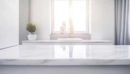 Empty white countertop with blurred bathroom background. Generative AI