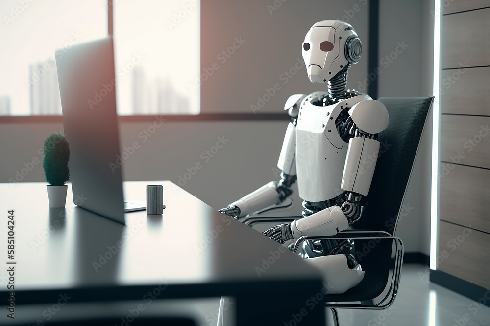 Aufkleber robot employee sitting in the workplace in the office, modern technology android instead of an emplo