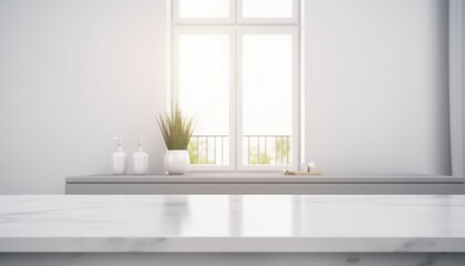 Fototapeta na wymiar Empty white countertop with blurred bathroom background. Generative AI