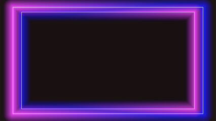 Neon pink-blue lights in rectangular frame with shining effects on dark- brown background. Glowing backdrop linear. Vector illustration.