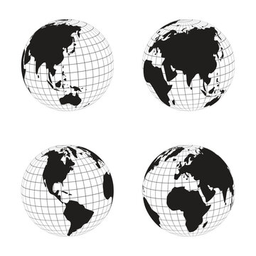 collection of globe silhouettes continent maps with longitude