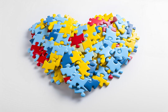 Heart from blue, light blue, red and yellow puzzles. World Autism Awareness day concept. Generative AI illustration - Powered by Adobe