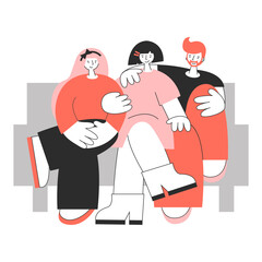 Polyamorous people sit together on the couch. Open relationships, polygamy concept. Bisexual men and women on a romantic date. Vector flat minimalistic illustration.