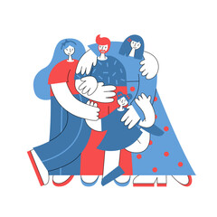 Polygamous family with a child. Two women and one man hugging each other. Nonmonogamous relationship concept. Vector flat illustration.