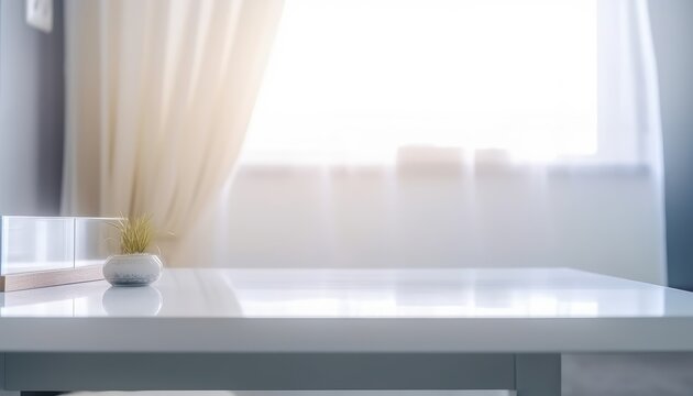 White wmpty table with modern living room in the morning. Generative AI