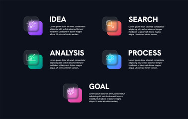 Infographic design with 5 steps: idea, search, analysis, process, goal. Glassmorphism style. Vector EPS 10