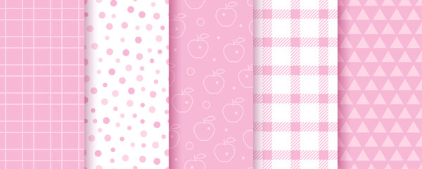 Scrapbook backgrounds. Seamless pattern. Set pink cute prints. Textures with polka dot, apples, triangles and plaid. Kitchen wrapping paper. Retro scrap design. Vector illustration. Decorative frames 