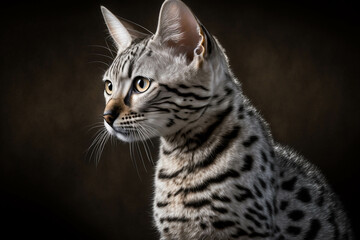 Egyptian Mau Breed Cat: Graceful and Intelligent Feline on a Dark Background.. - obrazy, fototapety, plakaty