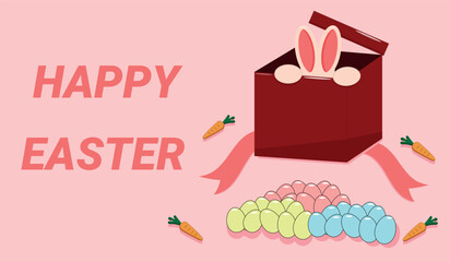 
Happy Easter banner. Greeting card, poster or banner with bunny, carrots and easter eggs.