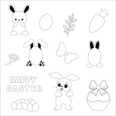Easter set of eggs, hares, flowers - vector silhouette.