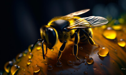 Fluffy bee sitting on a yellow fruit with drops of water. Close up. Black backdrop. Generative AI.