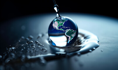 Drop of water with continents on it. Earth protection and vulnerability concept. Black backdrop. Generative AI.