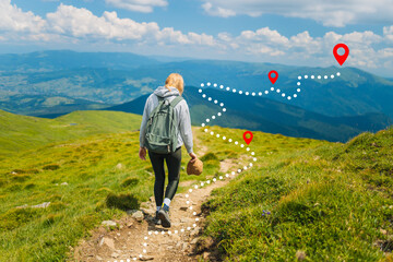 Travel and active lifestyle concept. Happy smiling woman hiking in mountains