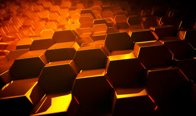 Futuristic orange hexagons lying uneven. Abstract honeycomb background. Generative AI.