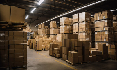 Warehouse interior with stacks of carton boxes. Storehouse commerce shipment. Shipping and logistics. Generative AI.