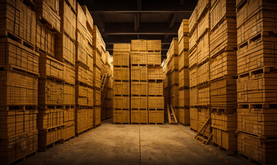 Storehouse with piles of wooden boxes up to the ceiling. Warehouse logistics and transportation. Generative AI.