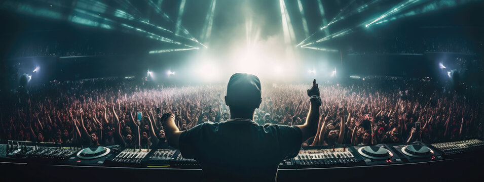 DJ playing electronig music live at techno party for audience (Generative AI)