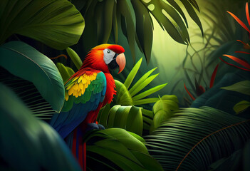 Tropical rainforest with colorful parrot and palm leaves. Generative AI