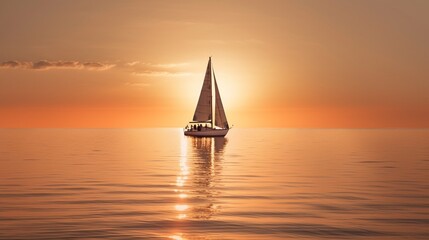 静かな海を進むヨットの魅惑的なイメージ。夕日に向かって航行GenerativeAI