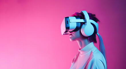 A woman immersed in virtual reality against a vibrant pink backdrop. Generative AI