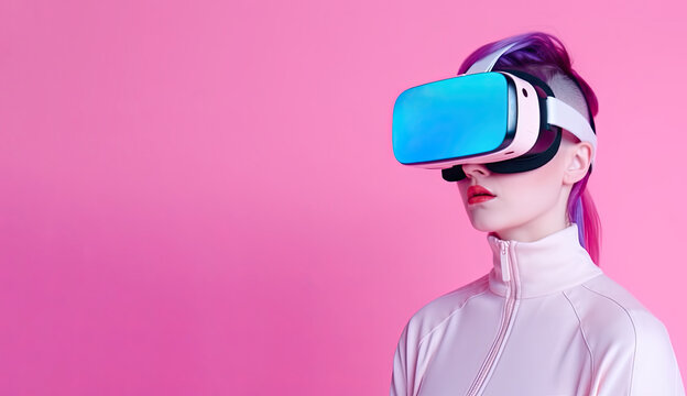 A woman immersed in virtual reality against a vibrant pink backdrop. Generative AI