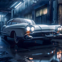 Fototapeta na wymiar Retro futuristic car in 50s style on the street in the rain, Generative AI