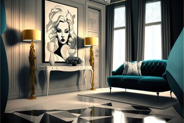 Living room illustration. Realism, white, living room design, room. Illustration. AI