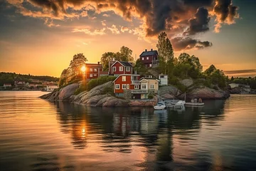 Foto op Aluminium Stockholm Archipelago View, Charming Waterfront Houses and Historic Buildings by Generative AI © Digital Dreamscape