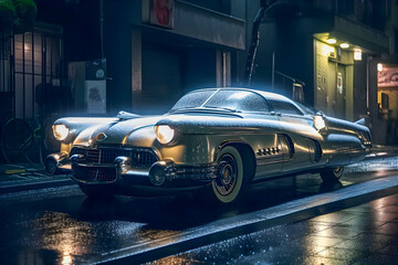 Obraz na płótnie Canvas Retro futuristic car in 50s style on the street in the rain, Generative AI