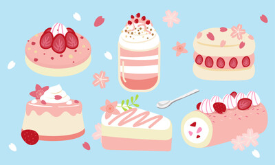 Series of seasonal cherry blossom dessert in flat color vector style