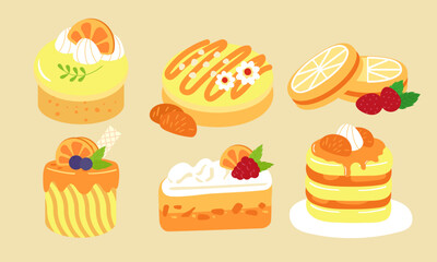 Series of orange dessert in flat color vector style